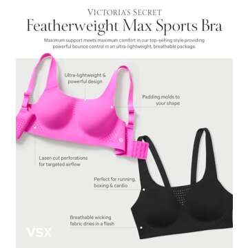Victoria's Secret Featherweight Max Sports Bra, High Impact, Adjustable Straps, Molded Cup Bras for Women, Pink (36B)