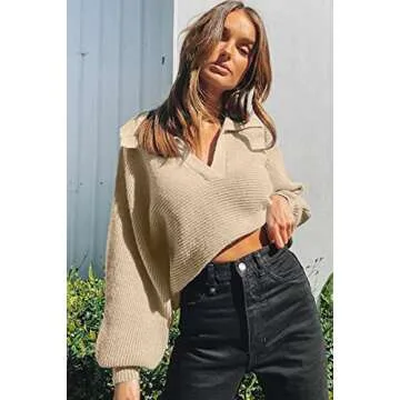 CHYRII Women Casual Overized Puff Long Sleeve V Neck Knitted Polo Pullover Sweater Jumper Tops Beige S
