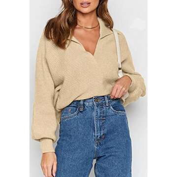 CHYRII Women Casual Overized Puff Long Sleeve V Neck Knitted Polo Pullover Sweater Jumper Tops Beige S