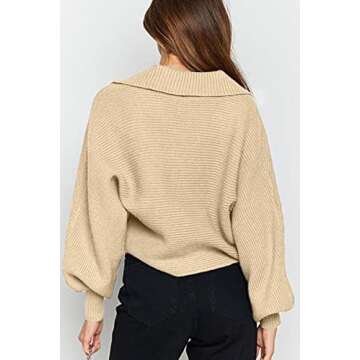 CHYRII Women Casual Overized Puff Long Sleeve V Neck Knitted Polo Pullover Sweater Jumper Tops Beige S