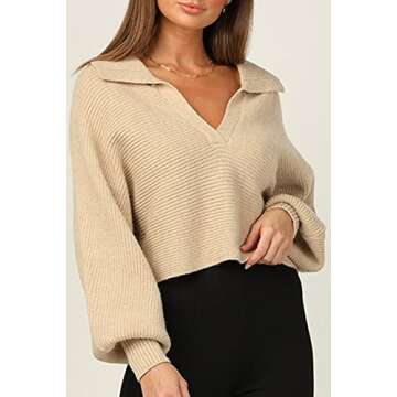 CHYRII Women Casual Overized Puff Long Sleeve V Neck Knitted Polo Pullover Sweater Jumper Tops Beige S
