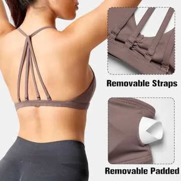 YEOREO Workout Sports Bras for Women Padded Strappy Open Back Gym Bra Light Impact Criss Cross Yoga Crop Top Gray Brown M