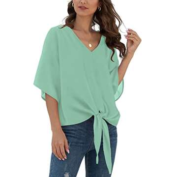 VIISHOW Womens Tie Front Loose Short Sleeve V Neck Floral Blouses Chiffon Tops Summer Shirts, Light Green, Large