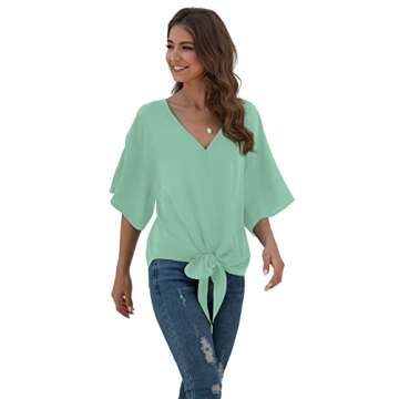 VIISHOW Womens Tie Front Loose Short Sleeve V Neck Floral Blouses Chiffon Tops Summer Shirts, Light Green, Large