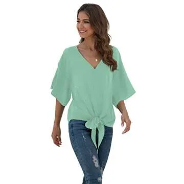 VIISHOW Womens Tie Front Loose Short Sleeve V Neck Floral Blouses Chiffon Tops Summer Shirts, Light Green, Large