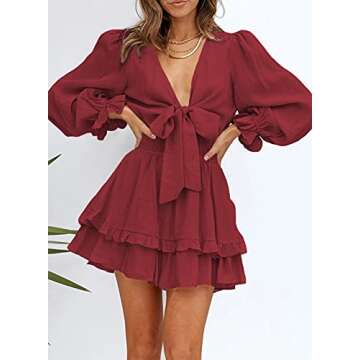AlvaQ Dress for Women Summer Spring Long Sleeve Deep V Neck Ruffle Flowy Short Mini Dress Fashion 2025 Red Medium