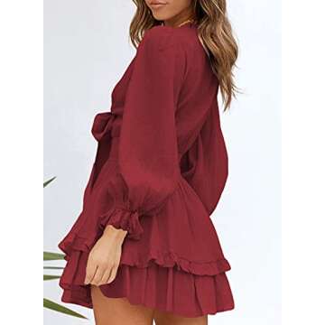 AlvaQ Dress for Women Summer Spring Long Sleeve Deep V Neck Ruffle Flowy Short Mini Dress Fashion 2025 Red Medium