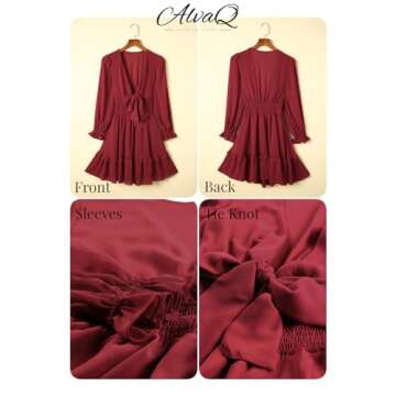 AlvaQ Dress for Women Summer Spring Long Sleeve Deep V Neck Ruffle Flowy Short Mini Dress Fashion 2025 Red Medium