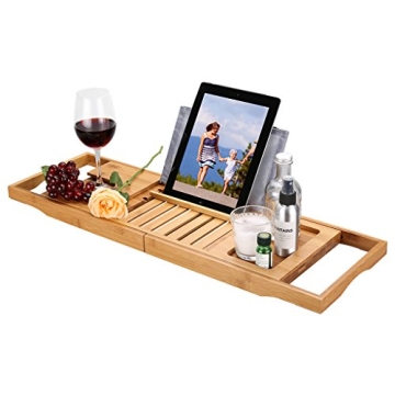 Luxury Bamboo Bathtub Caddy with Wine Holder & More