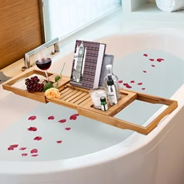 Luxury Bamboo Bathtub Caddy with Wine Holder & More