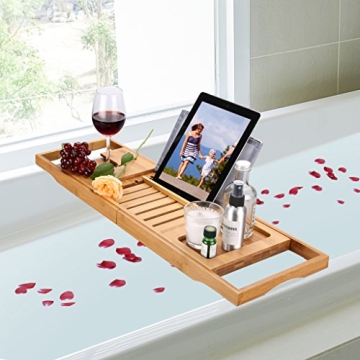 Luxury Bamboo Bathtub Caddy with Wine Holder & More