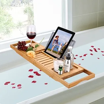 Luxury Bamboo Bathtub Caddy with Wine Holder & More