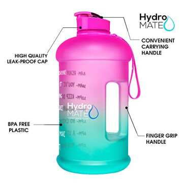 NatureWorks HydroMATE Half Gallon Water Bottle with Times to Drink BPA Free Leak Proof Reusable Jug with Handle 64 oz