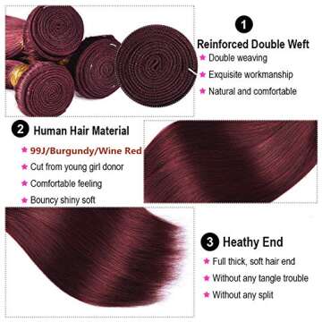 Straight Hair 8A Brazilian Virgin Hair 99j Burgundy Straight Hair 100% Unprocessed Human Hair Weaves 3 Bundles with Lace Closure 4x4 Free Part Red Wine Color Weft Weaves (18 20 22 with 18C, 99j)……