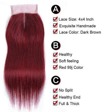 Straight Hair 8A Brazilian Virgin Hair 99j Burgundy Straight Hair 100% Unprocessed Human Hair Weaves 3 Bundles with Lace Closure 4x4 Free Part Red Wine Color Weft Weaves (18 20 22 with 18C, 99j)……