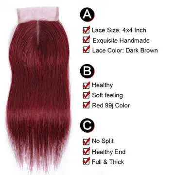 Straight Hair 8A Brazilian Virgin Hair 99j Burgundy Straight Hair 100% Unprocessed Human Hair Weaves 3 Bundles with Lace Closure 4x4 Free Part Red Wine Color Weft Weaves (18 20 22 with 18C, 99j)……