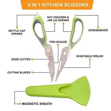 Multifunctional Kitchen Scissors Heavy Duty - Stainless Steel Comes Apart Easily, Dishwasher Safe. Sharp Food & Utility Shears For Herbs, Poultry, Meat, Fish, Pizza & Vegetables