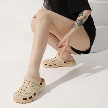 ChayChax Men's and Women's Arch Support Clogs Garden Shoes Slip-on Outdoor Beach Slippers with Removable Cushion Footbed, Khaki Brown, 12-13 Women/10.5-11.5 Men