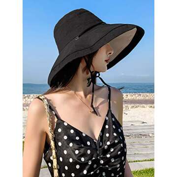 Women's Sun Hat Packable Reversible Bucket Hat UV Sun Protection Wide Brim Summer Beach Cap (Black)