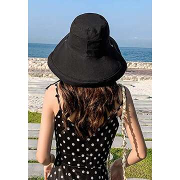Women's Sun Hat Packable Reversible Bucket Hat UV Sun Protection Wide Brim Summer Beach Cap (Black)