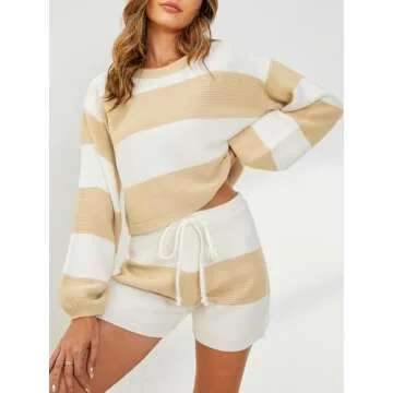 YKR Women's Striped Sweater Set Oversized 2 Piece Lounge Set Matching Pajama Outfits Long Sleeve Top and Shorts