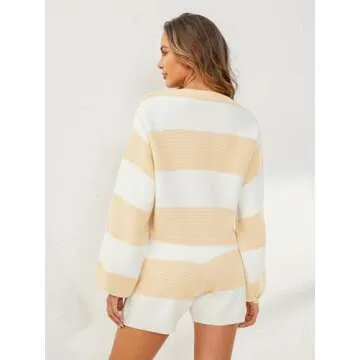 YKR Women's Striped Sweater Set Oversized 2 Piece Lounge Set Matching Pajama Outfits Long Sleeve Top and Shorts