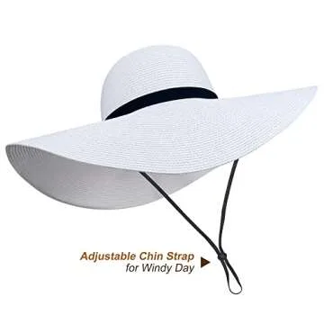 Naivlizer Women Wide Brim Sun Hat UPF50 Straw Summer Hat Floppy Beach Hat Roll-Up,Tie White