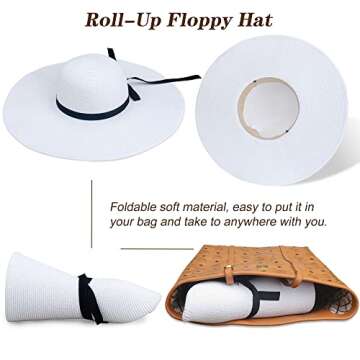 Naivlizer Women Wide Brim Sun Hat UPF50 Straw Summer Hat Floppy Beach Hat Roll-Up,Tie White