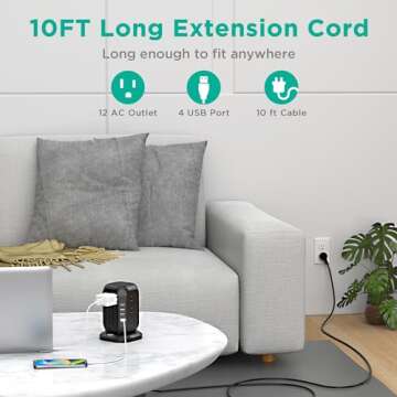 Power Strip Tower with USB Ports-AiJoy Surge Protector with 12 AC Outlet and 4 USB Ports, 10 Ft Extension Cord with Multiple Outlets, Charging Station with Overload Protection, for Home Office Dorm