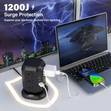 Power Strip Tower with USB Ports-AiJoy Surge Protector with 12 AC Outlet and 4 USB Ports, 10 Ft Extension Cord with Multiple Outlets, Charging Station with Overload Protection, for Home Office Dorm