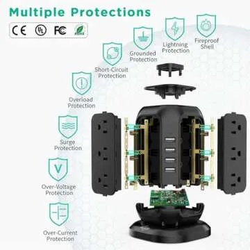 Power Strip Tower with USB Ports-AiJoy Surge Protector with 12 AC Outlet and 4 USB Ports, 10 Ft Extension Cord with Multiple Outlets, Charging Station with Overload Protection, for Home Office Dorm
