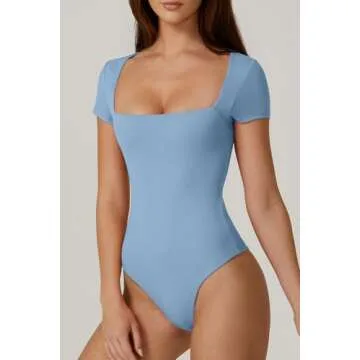 QINSEN Women's Sexy Square Neck Bodysuit Short Sleeve Double Lined Shirt Tops Light Airy Blue XS