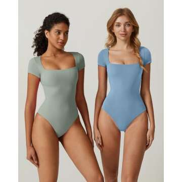 QINSEN Women's Sexy Square Neck Bodysuit Short Sleeve Double Lined Shirt Tops Light Airy Blue XS