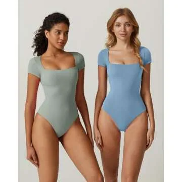 QINSEN Women's Sexy Square Neck Bodysuit Short Sleeve Double Lined Shirt Tops Light Airy Blue XS