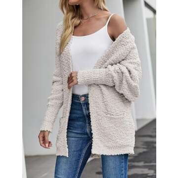 ZESICA Women's Fall Winter Popcorn Long Sleeve Open Front Chunky Knit Oversized Cardigan Sweater Coat,OffWhite,Small