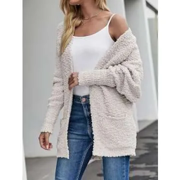 ZESICA Women's Fall Winter Popcorn Long Sleeve Open Front Chunky Knit Oversized Cardigan Sweater Coat,OffWhite,Small