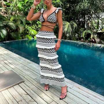 Crochet Knit 2 Piece Skirt Sets for Women Summer Hollow Out Crop Top Bodycon High Waist Maxi Skirt Sets Beach Dress