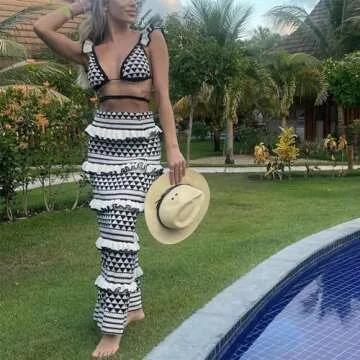 Crochet Knit 2 Piece Skirt Sets for Women Summer Hollow Out Crop Top Bodycon High Waist Maxi Skirt Sets Beach Dress