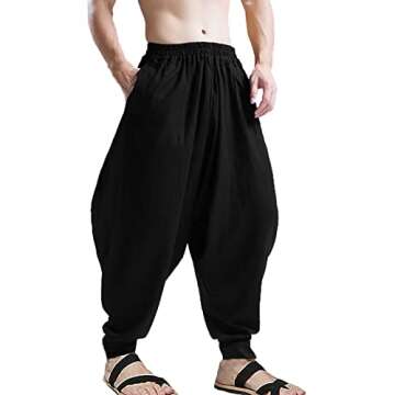 ONTTNO Men's Harem Pants Loose Stretchy Waist Casual Hippie Trousers (Black)