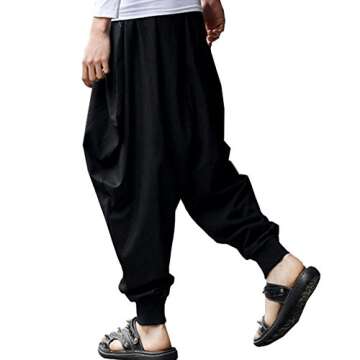 ONTTNO Men's Harem Pants Loose Stretchy Waist Casual Hippie Trousers (Black)