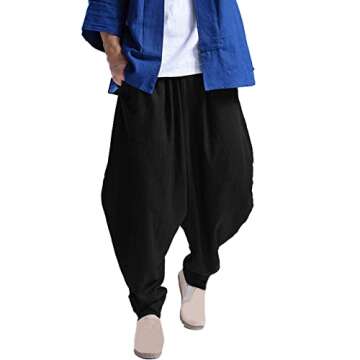 ONTTNO Men's Harem Pants Loose Stretchy Waist Casual Hippie Trousers (Black)