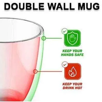 Gmark Large Coffee Mugs Set of 2 (12 oz, 350 ml), Double Wall Tumbler Glass Cup, Insulated Coffee Cups for Tea, Latte, Espresso, Juice, or Water GM2029