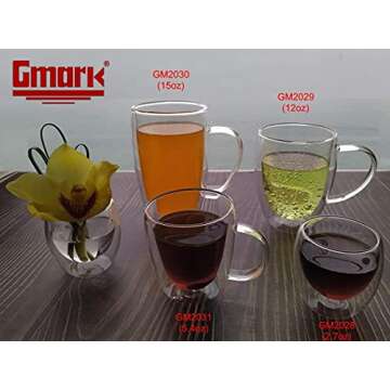 Gmark Large Coffee Mugs Set of 2 (12 oz, 350 ml), Double Wall Tumbler Glass Cup, Insulated Coffee Cups for Tea, Latte, Espresso, Juice, or Water GM2029