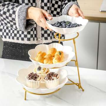XINLTC 3 Tier Serving Stand with Porcelain Serving Platter, 3 Tier Serving Trays with Collapsible Rack, Tiered Serving Platters Dessert Table Display Set (Gold)