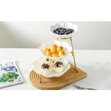 XINLTC 3 Tier Serving Stand with Porcelain Serving Platter, 3 Tier Serving Trays with Collapsible Rack, Tiered Serving Platters Dessert Table Display Set (Gold)