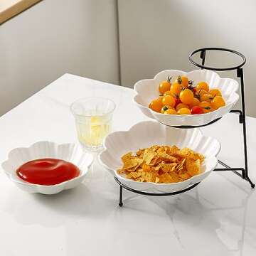 XINLTC 3 Tier Serving Stand with Porcelain Serving Platter, 3 Tier Serving Trays with Collapsible Rack, Tiered Serving Platters Dessert Table Display Set (Gold)