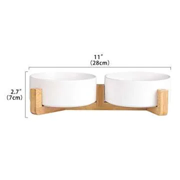 Ceramic Dog Bowl Set with Non Slip Bamboo Stand for Food and Water