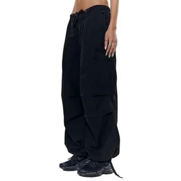 Women's Baggy Cargo Pants Low Waist Hip Hop Sweatpants Drawstring Oversized Loose Wide Leg Hippie Joggers Trousers(F-Black,Small)