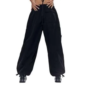 Women's Baggy Cargo Pants Low Waist Hip Hop Sweatpants Drawstring Oversized Loose Wide Leg Hippie Joggers Trousers(F-Black,Small)