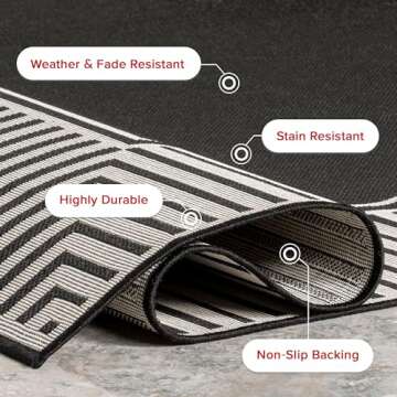 nuLOOM 10' x 12' Outdoor Area Rug, Casual Design With Striped Border, Stain Resistant, Highly Durable, For Patio, Balcony, Bedroom, Living Room, Dining Room, Bathroom, Black